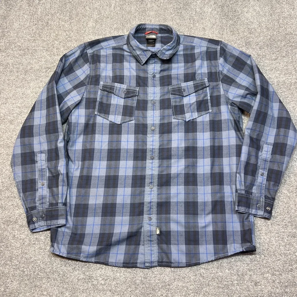 The North Face Shirt Mens Large Blue Plaid Snap Front Long Sleeve Casual